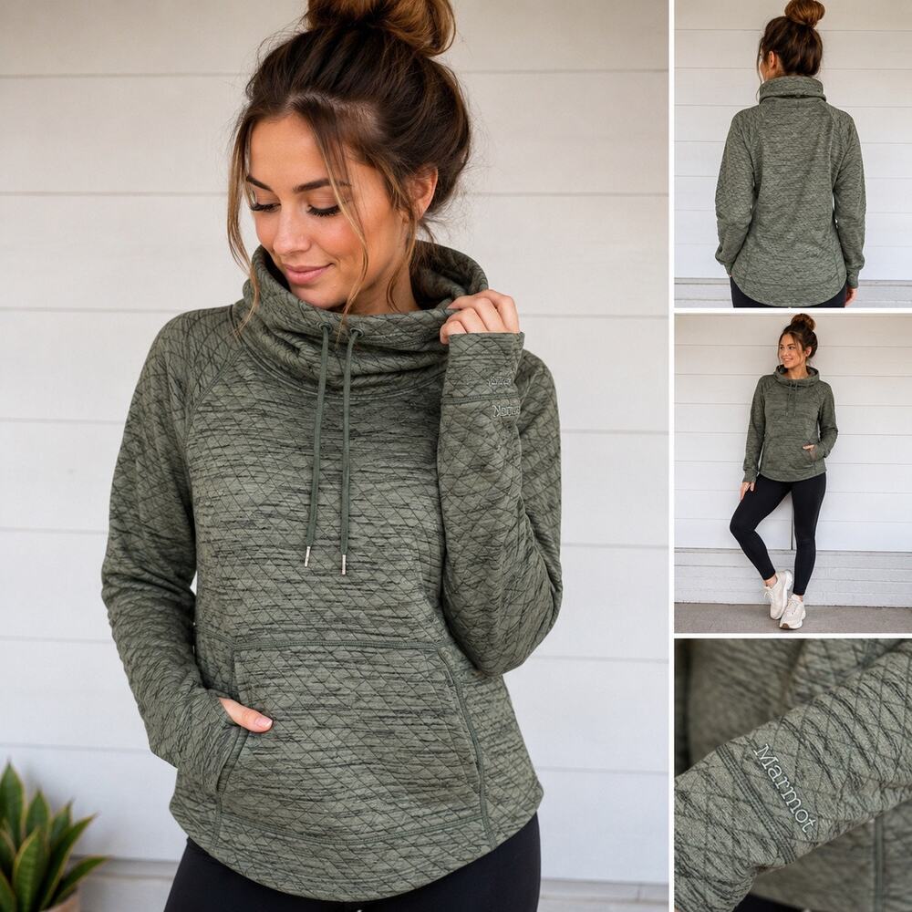 Marmot Annie Quilted Cowl Neck Pullover XS Green Thumbholes Hiking Gorpcore Camp
